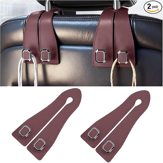 2PCS Car Headrest Hooks, Nappa Leather Metal Vehicle Double Seat Back Storage Hook for Purse Bag Coat, Multifunctional Automotive Interior Hanging Hanger, Universal Fit (Brown)
