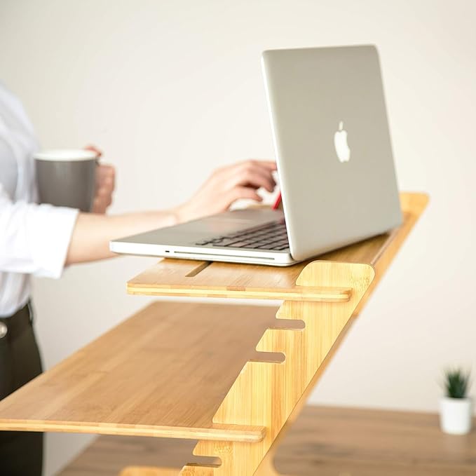 Adjustable Standing Desk Riser 100% Natural Bamboo Desk Converter Monitor Stand - No Screws, Sets up in Under 1 Minutes - for Home or Office Use (19" High 26" Wide