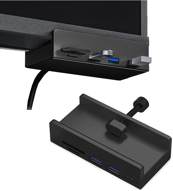 USB C Hub Clamp Aluminum 2-Port USB 3.0, USB C Data Port, SD/TF Card Reader for 0.39''-1.18'' Thickness Desktop PC, Desks,Monitor Stand Desktop Powered USB Hub and Cell Phone Holder (Black)