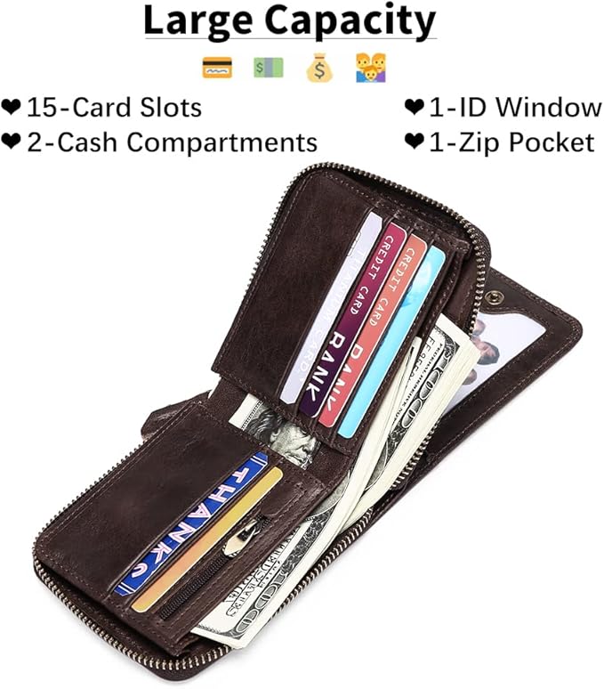 GOIACII Wallets for Men Genuine Leather Front Pocket Wallet RFID Zip Around Bifold Credit Card Holder | RFID, Zip Around, Bifold, Credit Card Holder