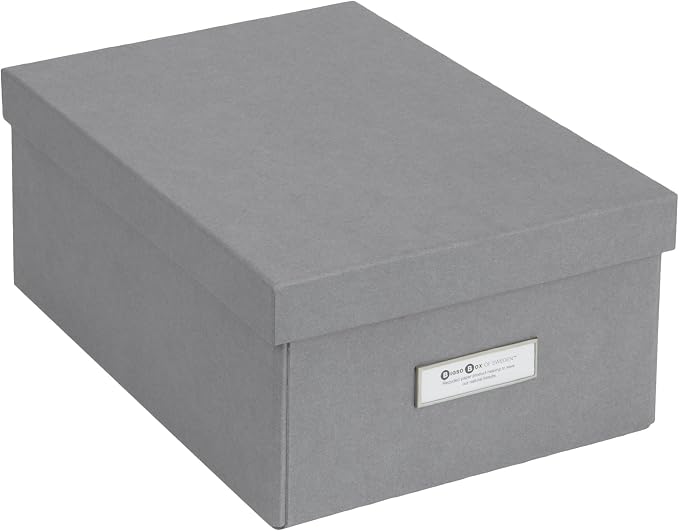 Bigso Karin Collapsible Storage Box - Photo Storage Box with Labelframe for Easy Identification - Simple Assembly Without Tools - Decorative Storage Boxes with Lids - 8.9in x 12.4in x 5.4in - Gray