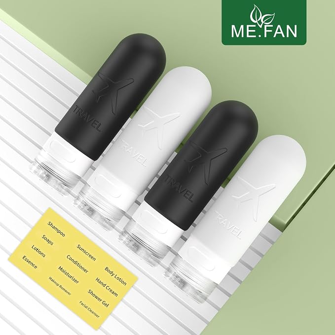 ME.FAN Travel Bottles for Toiletries,3oz Silicone Travel Size Containers, TSA Approved Squeezable Portable Split Bottle, Travel Accessories for Conditioner Shampoo Lotion - 4 Pack Black/White