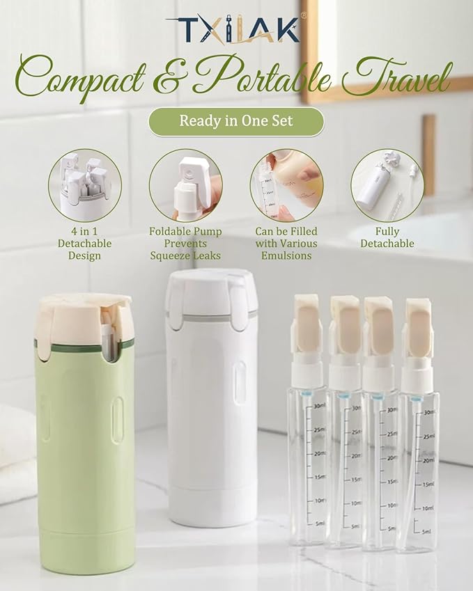4 in 1 Travel Dispenser Bottle Refillable Cosmetic Liquid Containers, Squeeze Pump Shampoo Conditioner Bottles Essentials Toiletries Leakproof, Air Traveling Portable Set Vacation Essentials(White)
