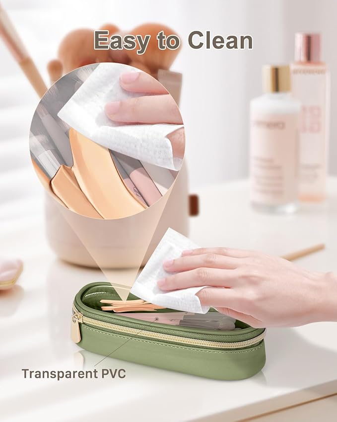 Soimeat Clear Travel Makeup Brush Holder, Leather Makeup Brush Toiletry Bag, Portable Cosmetic Brush Case, Transparent Waterproof Makeup Brush Storage Bag, Green