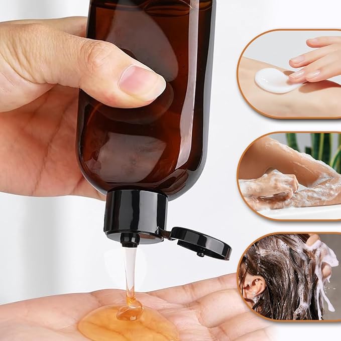 4Pcs 3.4oz/100ml Travel Kit Leak Proof Travel Bottles Toiletries Includes Refillable Squeeze Bottles with Flip Cap Storage Bags and Stickers for Shampoo Conditioner Creams (Brown)