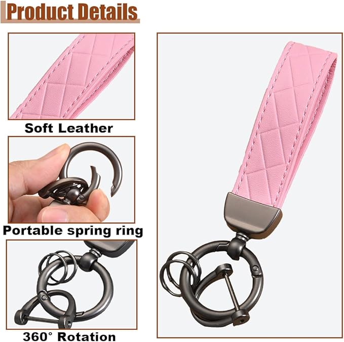 Leather Car Keychain - 360 Degree Snap Swivel Key Ring - Key Tag Car Key Fob Keychain Holder with Anti-Lost D-Ring - Key Organizer for Men Women (Pink)