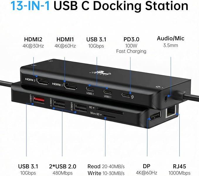 LIONWEI Laptop Docking Station 13 in 1 - Dual HDMI+DisplayPort+10Gbps, 6 USB C/A, 100W PD, Ethernet, SD/TF, Audio, USB C Hub for MacBook/Dell/HP/Surface, Black