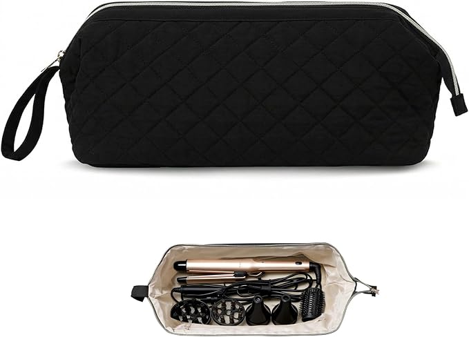 Stratalife Quilted Hair Tools Travel Bag with Polishing Cloth Compatible with Dyson Airwrap Shark Flex Style, Portable Toiletry Bag Hair Dryer Curling Iron Carrying Case Travel Essentials Black