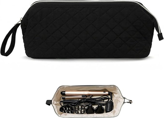 Stratalife Quilted Hair Tools Travel Bag with Polishing Cloth Compatible with Dyson Airwrap Shark Flex Style, Portable Toiletry Bag Hair Dryer Curling Iron Carrying Case Travel Essentials Black