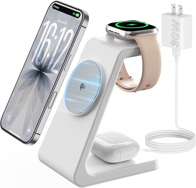 Magnetic Wireless Charging Station for iPhone: 3 in 1 Qi2 Certified 15W Fast Charging for iPhone 17-12, Apple Watch & AirPods, N52 Magnets & 30W Adapter Included (Office/Bedside/Desk)