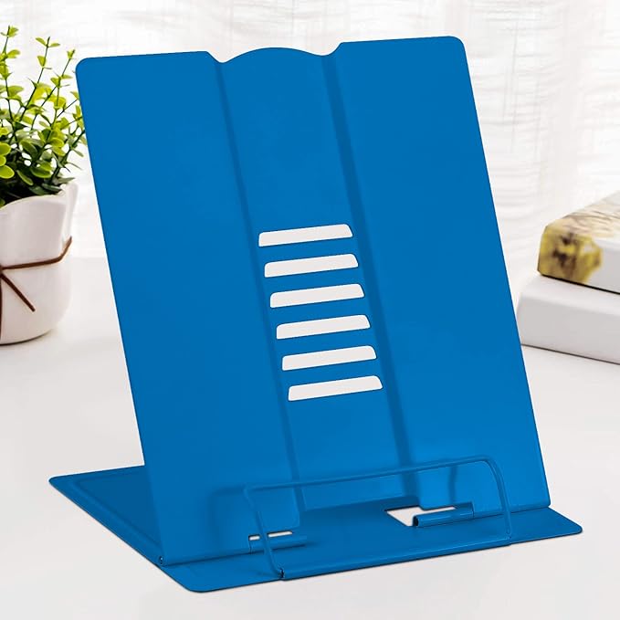 Large Book Stand Metal Reading Rest Book Holder Adjustable Document Cookbook Holder Portable Bookstands for Textbooks/Music Books/Recipe/Mobile Phone/Tablet(Deep Blue)