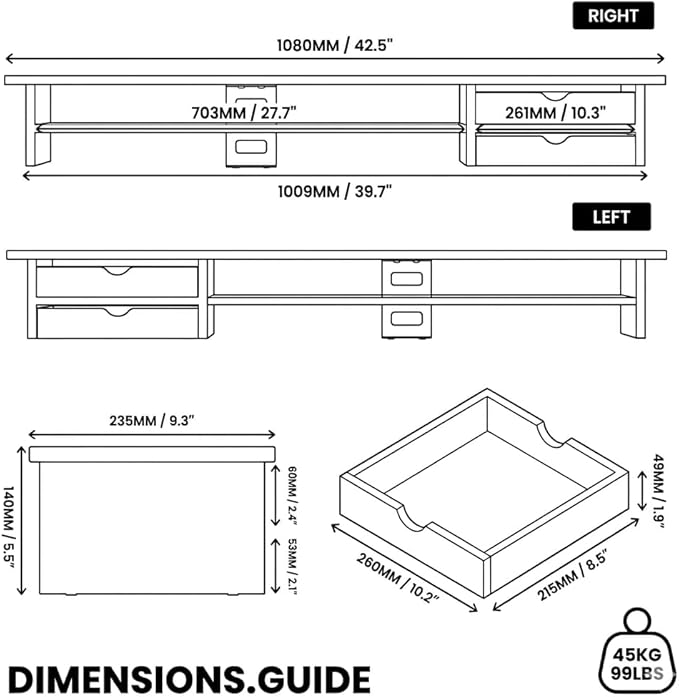 Fenge Monitor Stand, Dual Monitor Riser, 42.5inch Large Desk Computer Monitor Stand Riser with Drawer, 2 Tier Wood & Acrylic Desktop Organizer with Cable Management