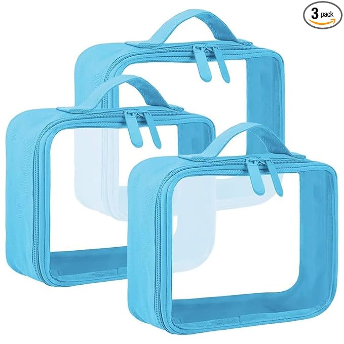 ANRUI TSA Approved Toiletry Bag with Handle Strap, Clear Travel Liquids Toiletries & Cosmetics Organizer Carry-On Luggage for Women and Men 3 Pack (Same Size), 3 - Blue, 3 Count (Pack of 1), Clear