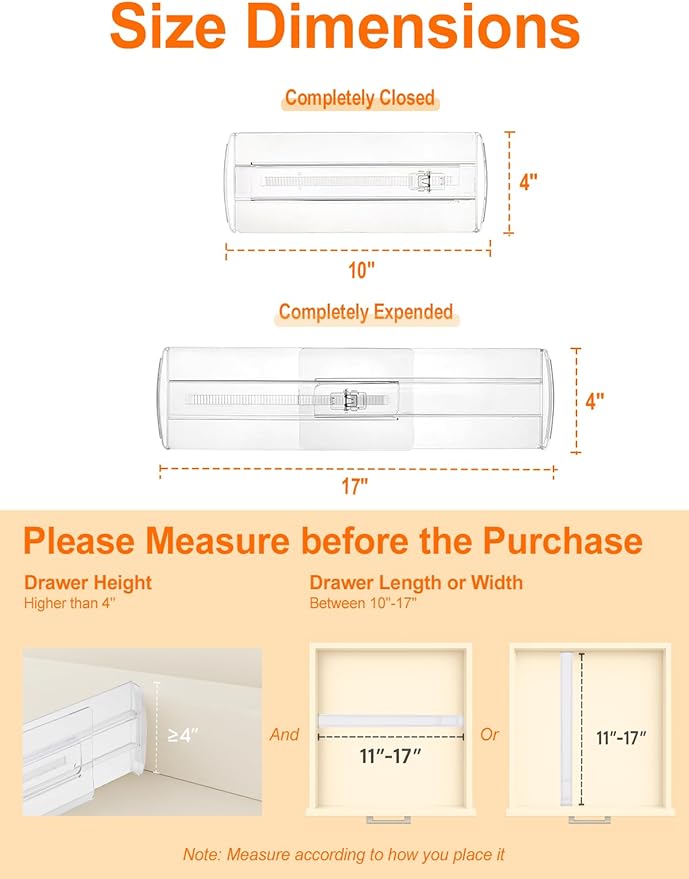 6 Pack Drawer Dividers for Clothes, 4" High 10.6"-16.9" Adjustable Drawer Dividers Expandable Dresser Drawer Organizer, Clear Drawer Separators for Clothes, Underwear, Cosmetic, Kitchen Utensils