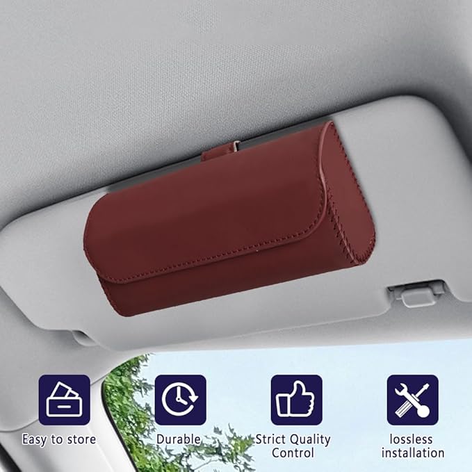 Sunglasses Holder for Car Sun Visor, Sunglass Organizer for Car, Magnetic Leather Eyeglasses Protective Storage Case, Waterproof Glasses Organizer Visor Accessories for Vehicles (Wine Red)