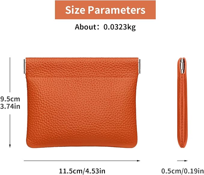 Genuine Leather Squeeze Coin Purse Pouch Change Holder For Men & Women Mini Change Purse Pouch for Pocket, Small Pouch Credit Card Key Headset Lipstick Holder (Orange)