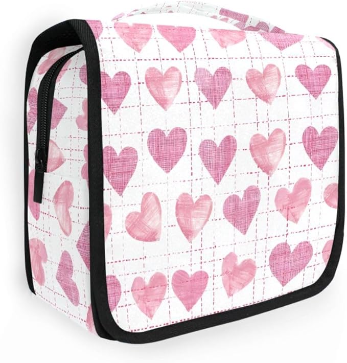 senya Hanging Travel Toiletry Bag Cute Kit Makeup Case Cosmetics Organizer for Men Women (Pink Hearts White Base)