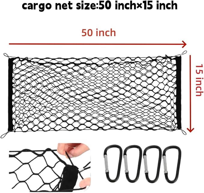 Double Layer Cargo Net for Pickup Truck Bed,Stretchable Rear Cargo Net,50 ×18 inch Elastic Truck Storage Net with 4 Metal Carabiners, Nylon Storage Organizer for Pickup Trucks