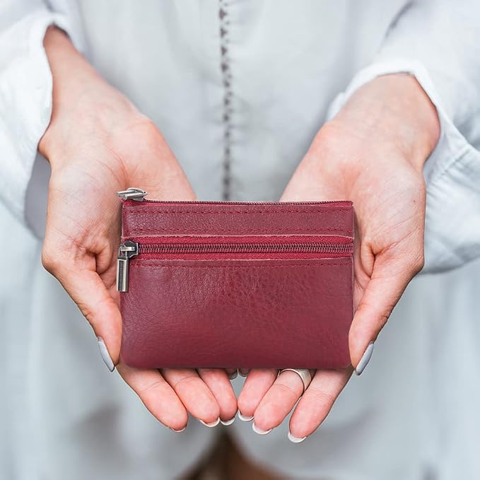 Genuine Leather Coin Purse, Small Coin Pouch for Men Women, Cash Change Wallet Key Holder Money Pouch with Key Ring, Zipper Storage Bag Coin Organizer