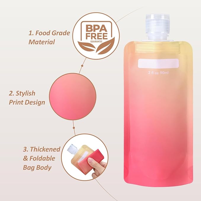 PACKISM 15 Pack Travel Pouches for Toiletries - 3 oz Leak Proof TSA Approved Liquid Containers, Squeeze Bags for Shampoo Lotion, Space Saving Refillable Carriers, Gradient Purple Cherry Yellow