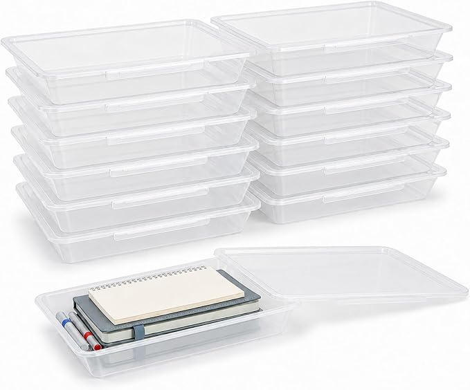 12 Pack Flat Storage Paper Tray with Clear Latching Lid Letter Size Organizer Bin Tray Plastic Latching File Organizer for Classroom Library School Office Teacher Desktop Book Organization (Clear)