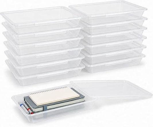 12 Pack Flat Storage Paper Tray with Clear Latching Lid Letter Size Organizer Bin Tray Plastic Latching File Organizer for Classroom Library School Office Teacher Desktop Book Organization (Clear)
