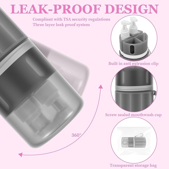 4 in 1 Travel Toiletry Containers, Leak Proof TSA Approved Travel Size Bottles Set with Suction Cup Wall Mount, Refillable Dispenser for Shampoo, Lotion, Soap, Gym & Essentials (Grey)