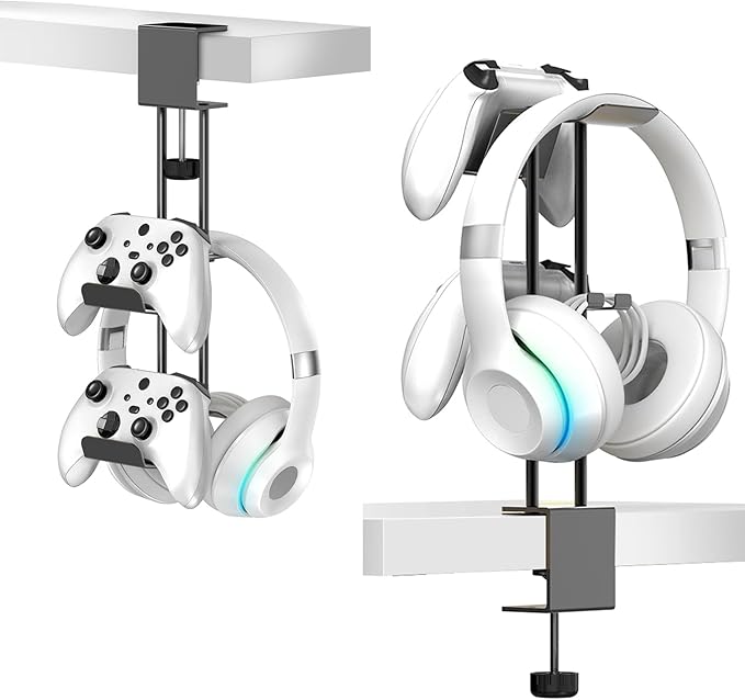 Headphone Stand with Controller Holder, Aluminum Under Desk Clamp Headset and Controller Stand - 2 in 1 Headphone Hanger for Desktop PC Gaming Accessories Organizer with PS5 Xbox Series S