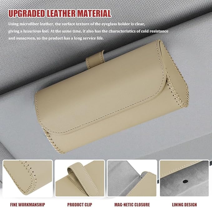 Sunglasses Holder for Car Sun Visor, Leather Auto Eyeglasses Storage Case with Hidden Magnetic Closure, Universal Protective Glasses Organizer Box, Visor Accessories for Woman Man (Beige)