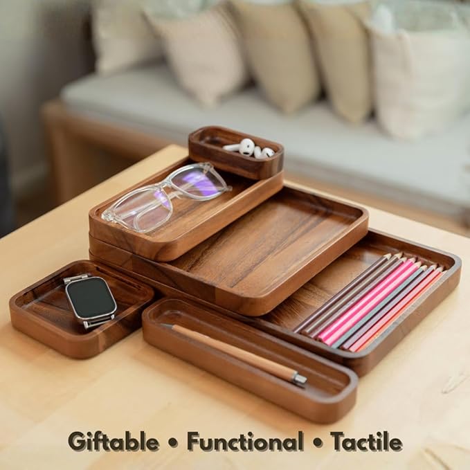Premium Wooden Stackable Modular Desk Organizer Tray: Set of 6-Pieces Nested Acacia Wood Storage Trays for Office, Kitchen, and Home Organization in Contemporary Style