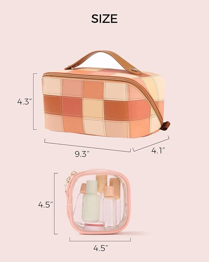 Travel Makeup Bag Organizer with TSA Approved Clear Pouch, Large Capacity Cosmetic Case with 180° Wide Open Design, Portable Toiletry Bag with Dividers for Brushes & Toiletries