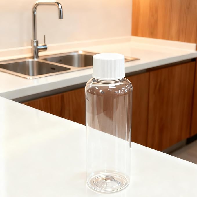 DNSEN Travel Size Empty Mouthwash Bottles 3.4 oz, White Screw Cap, Clear Toiletry Containers, 5 Pack