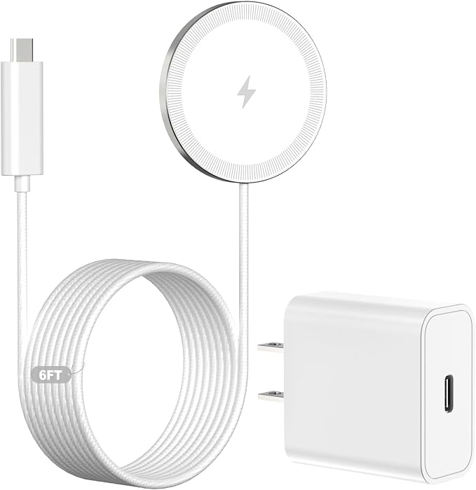 6FT Magnetic Wireless Charger Charging Pad - 15W Fast Phone Charger Puck for Apple iPhone 17 16 15 14 13 12 Series & AirPods 4 3 2 Pro, Phone Charging Pad with Plug for Desk & Travel, 1Pack White