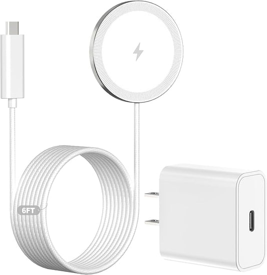 6FT Magnetic Wireless Charger Charging Pad - 15W Fast Phone Charger Puck for Apple iPhone 17 16 15 14 13 12 Series & AirPods 4 3 2 Pro, Phone Charging Pad with Plug for Desk & Travel, 1Pack White