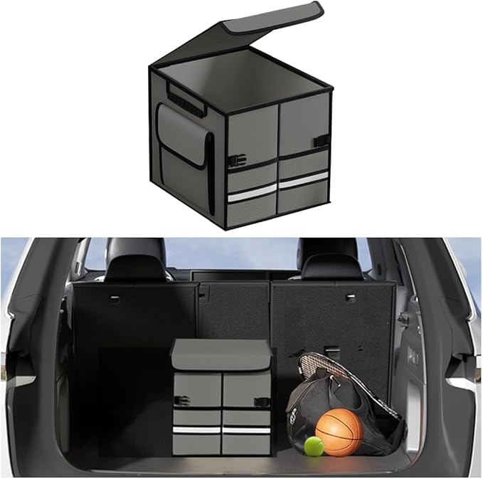 Car Trunk Organizer, Multi-Compartment Collapsible Vehicle Cargo Storage Organizer with Lid, Non Slip Waterproof Storage Box with Reinforced Handles, Universal Automotive Accessories (Grey)