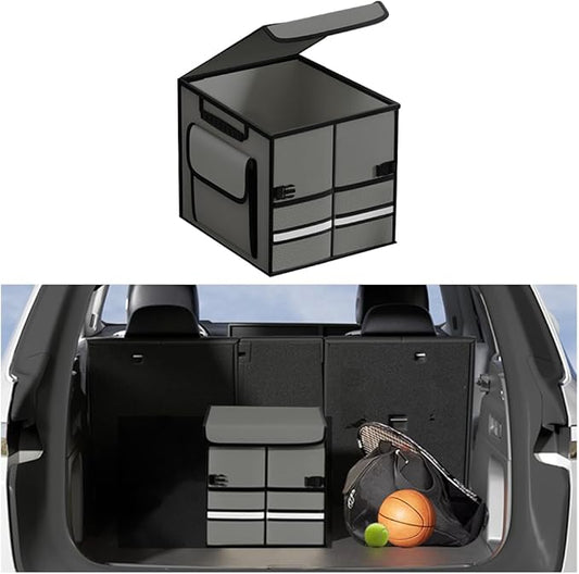 Car Trunk Organizer, Multi-Compartment Collapsible Vehicle Cargo Storage Organizer with Lid, Non Slip Waterproof Storage Box with Reinforced Handles, Universal Automotive Accessories (Grey)