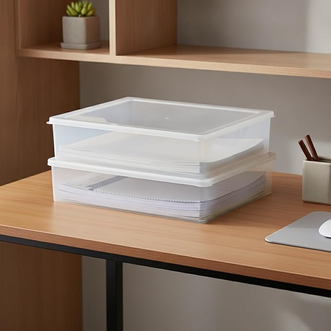 Clear PP Plastic Document Storage Box with Lid, Stackable A4 File Organizer Bin for Office Desk & Home Use (1 Pack)