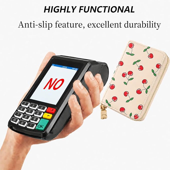 Ladies change card bag, zip storage bank card case, small portable 11 large capacity pouch, holds banknote change credit card(Khaki-colored cherries)