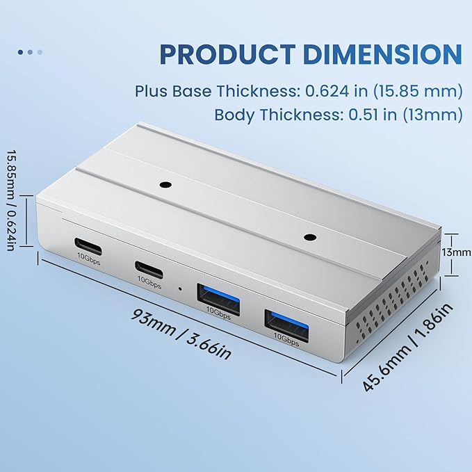 EJAY 10Gbps Magnetic USB-C Hub, 4-Port USB 3.2 Gen2 Aluminum Splitter, Desk Mounted with Extra Long 47" Cable, Anti-Slip Under Desk Hub for MacBook, Surface, Dell, Silver