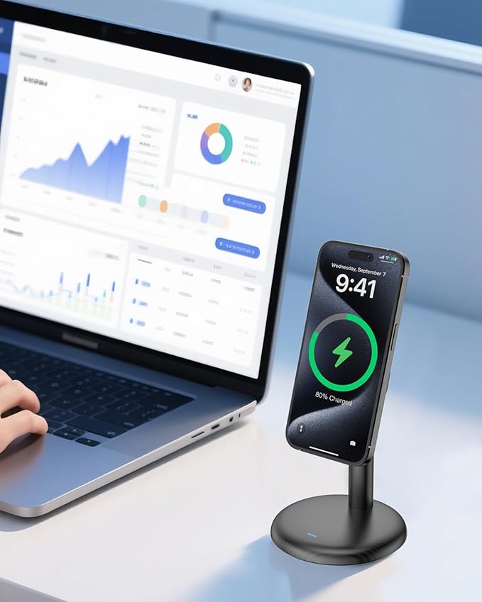Mag-Safe Charger Stand for iPhone 17/Air/16/15/14/13/12,15W Fast Charging,Wireless Charging Pad Compatible with MagSafe Suitable for Desk or Nightstand (No Adapter/Angle Fixed)