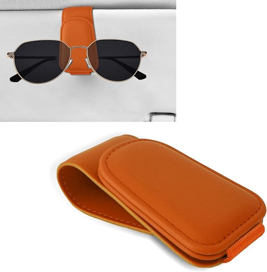 Sunglass Holder for Car, Car Sunglass Holder, Magnetic Leather Sunglasses Holder and Ticket Card Clip, Auto Multi-Functional Sun Visor Eyeglass Holders for SUV Pickup Truck (Orange)
