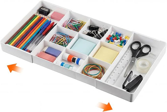 Briwooody 1 Pcs Large Expandable Acrylic Drawer Organizers, Grid Adjustable Drawer, Dividers Organizer for Desk, Makeup, Jewelry, Office, Kitchen Supplies (White,11 Compartments)