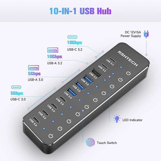 RSHTECH 10 Ports Powered USB 3.2/USB C Hub Splitter 60W with 3 x 10Gbps USB 3.2 Ports (2C + 1A),7 x USB 3.0 Ports (4C + 3A), 3.3ft Cable and Individual Touch Switches for Laptop PC