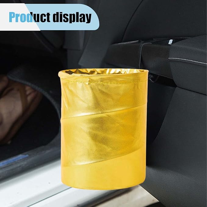 Collapsible Trash Can Car Garbage Bag - Leather Pop-up Car Trash Bin with Elastic Band - Hanging Foldable Garbage Can Vehicle Waste Basket Bin - Double-Layer Washable Bag for Cars Camping (Gold)