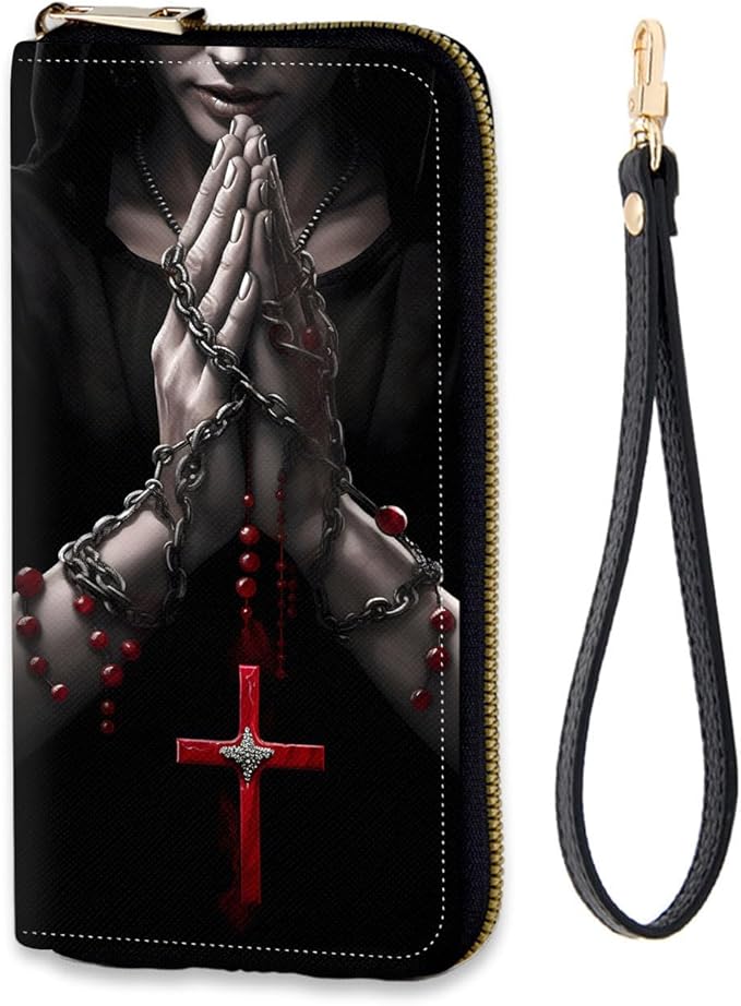 Women's RFID Blocking Zip Around Wallet with Detachable Wrist Strap, Large Capacity Credit Card Holder Organizer for Everyday Use,Hands Praying Holding Cross