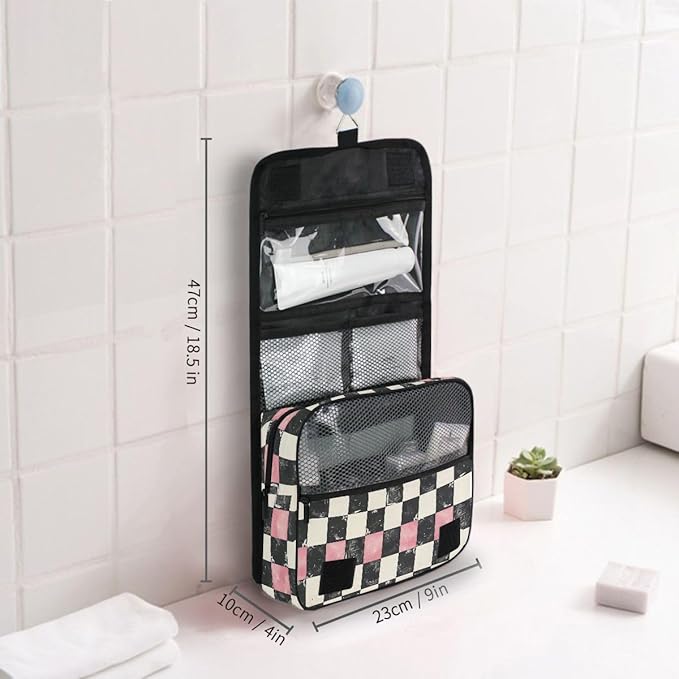 Hanging Travel Toiletry Bag White Black Pink Plaid Kit Makeup Case Cosmetics Organizer for Men Women