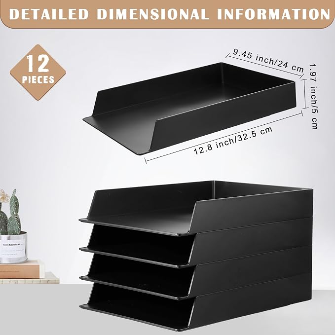 Wenqik 12 Pcs Stackable Paper Trays Rectangular Plastic Desk Holder Desktop Document File Organizer Storage Letter for Office Classroom (Black)