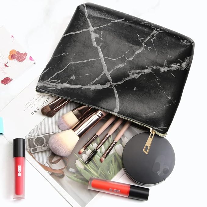 FITINI 3 Pack Marble Makeup Bag Travel Toiletry Bag Portable Cosmetic Pouch Organizer with Small Brush Holders Gold Zipper Waterproof Storage Case for Women and Girls,Black