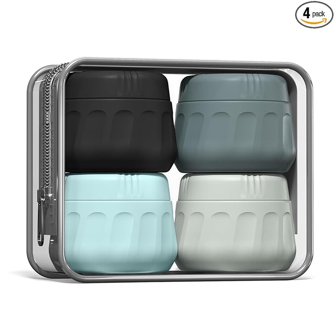 Mrsdry Travel Containers for Toiletries, TSA Approved Travel Size Toiletries 4 Pack, Refillable Containers, With Clear Bag, Leak Proof Silicone Jars, Essentials Creams Jars Carrying Small Items