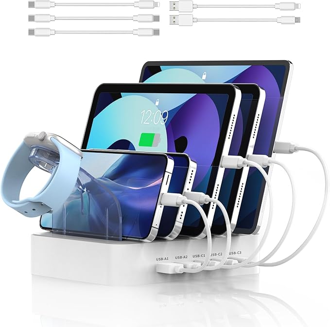 MSTJRY USB C Charging Station for Multiple Devices : 90W 5 Ports Multi Fast Charger for iPhone iPad Tablets Phone - Charging Dock Organizer with Adjustable Dividers for Home Office Classroom